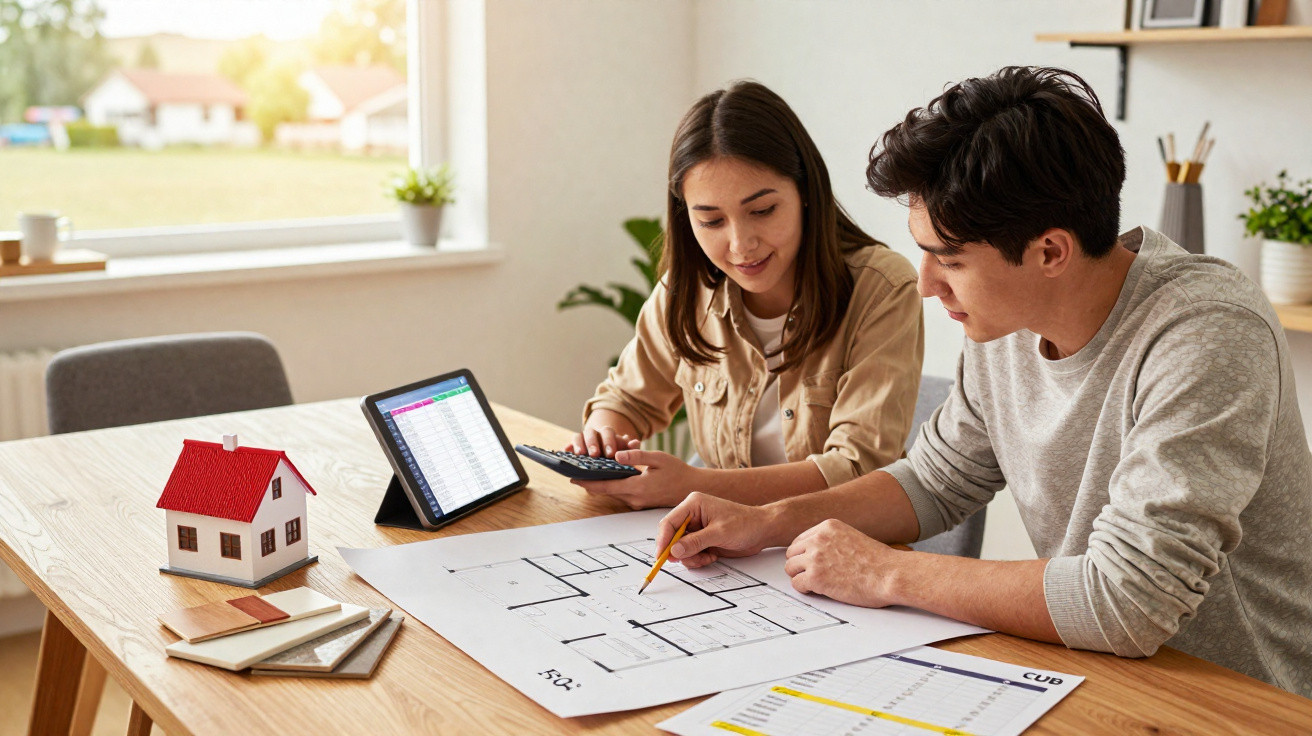 Couple reviewing house floor plans and budget details at a table with a model house and tablet.