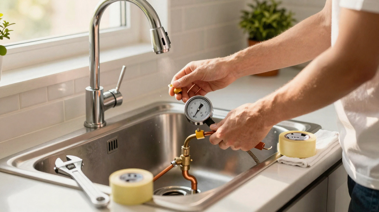 Person testing water pressure with gauge in a kitchen sink surrounded by tools and tape.