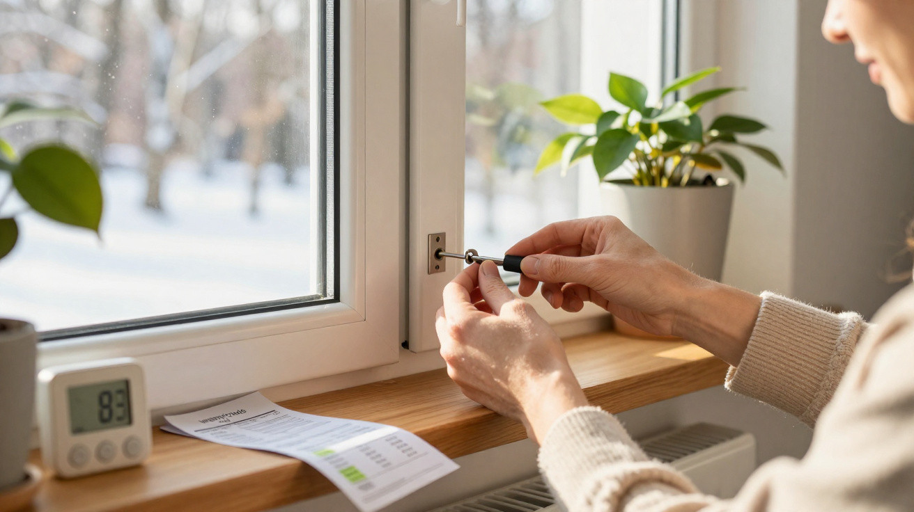 Person using a small screwdriver to adjust the locking mechanism on a white window frame indoors.
