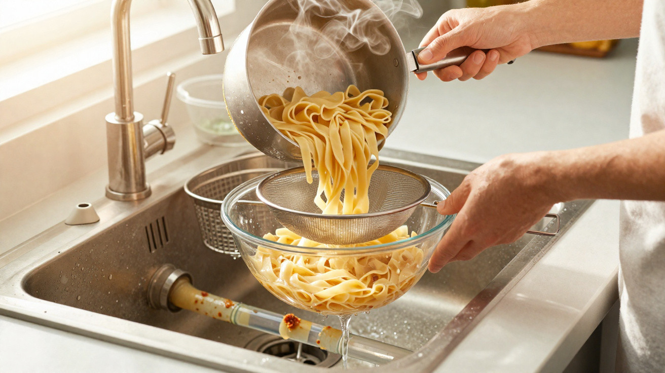 Hands draining cooked pasta through a strainer into a glass bowl over a kitchen sink with steam rising.