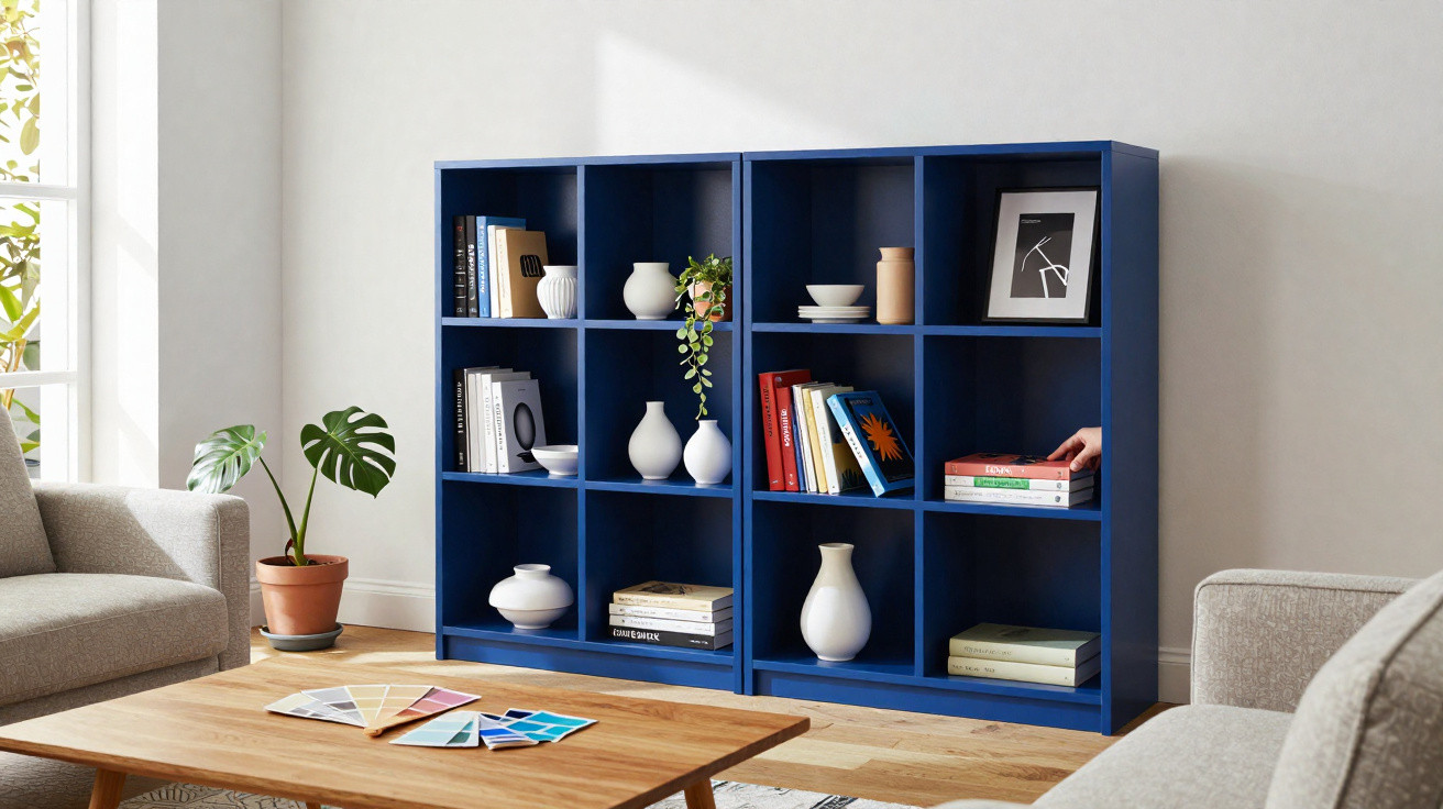 Blue shelving unit with books, white vases, and a framed photo in a modern living room.