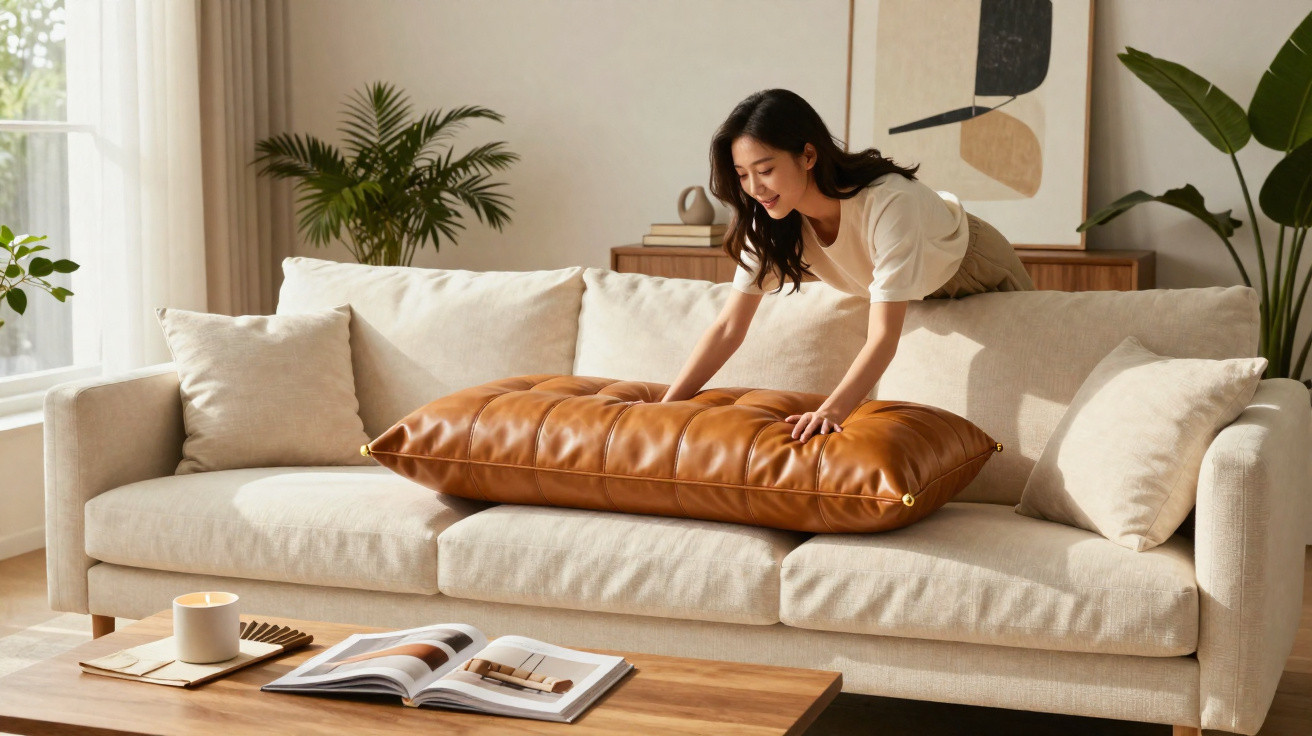 Woman placing a large brown leather cushion on a beige sofa in a bright, modern living room.