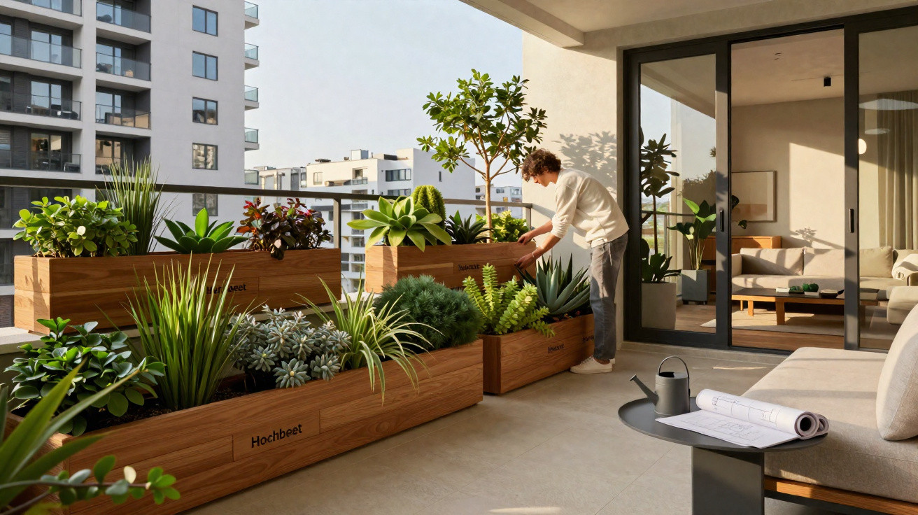 Person tending to plants in wooden raised planters on a modern balcony with city buildings in background.