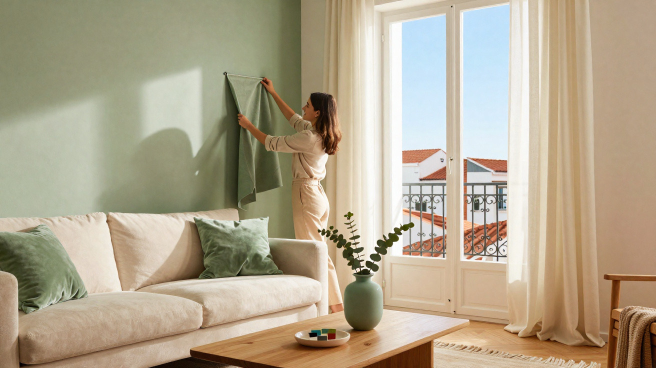 Woman hanging a green cloth on a pastel green wall in a sunlit living room with beige sofa and wooden coffee table.