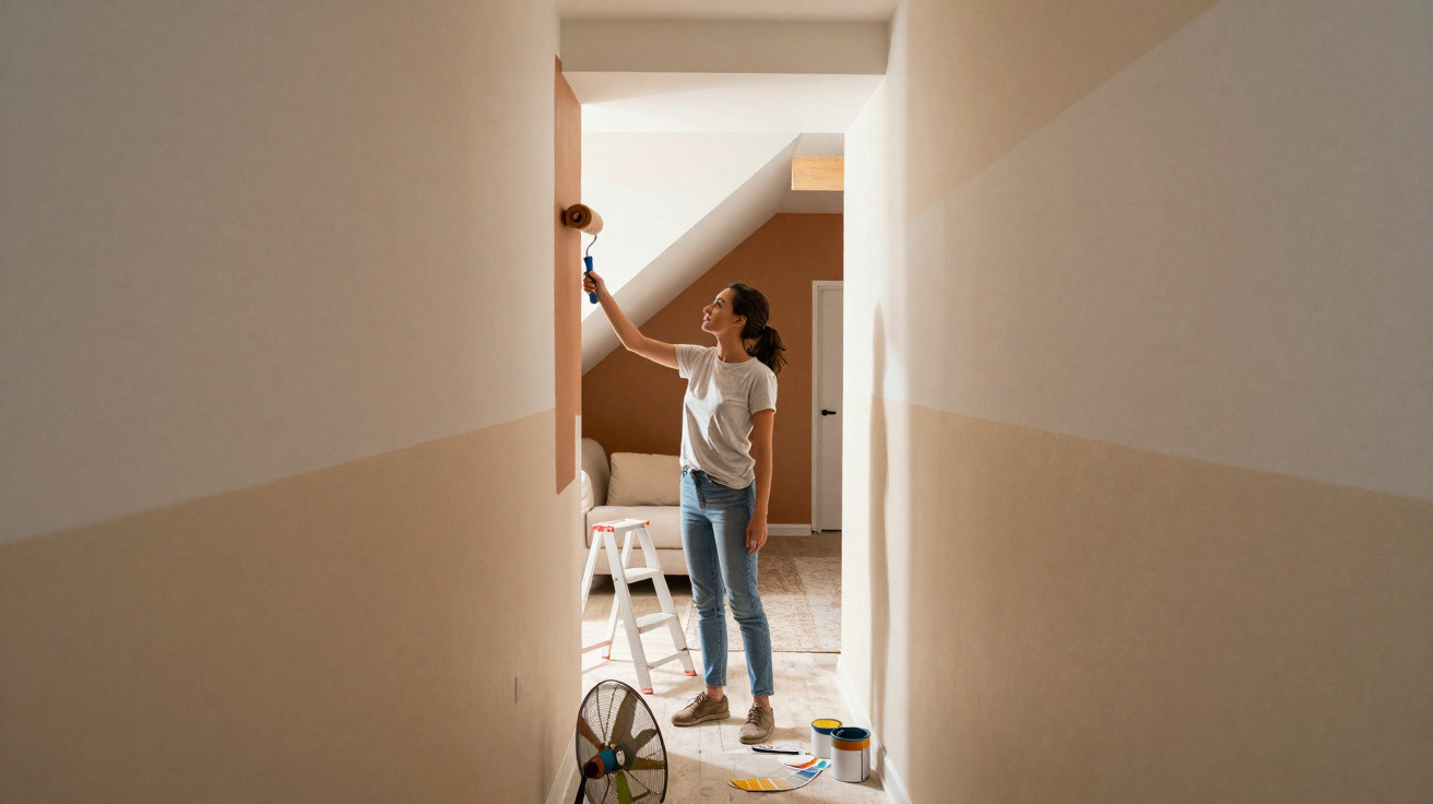 Woman painting wall with roller in a narrow hallway of a room under renovation with paint cans on the floor.