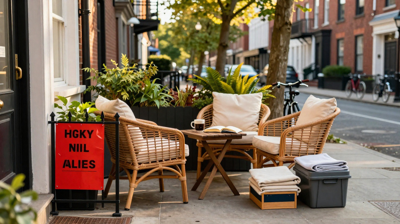 Outdoor seating area with wicker chairs, cushions, a small table with a book and cup, and plants on a city pavement.