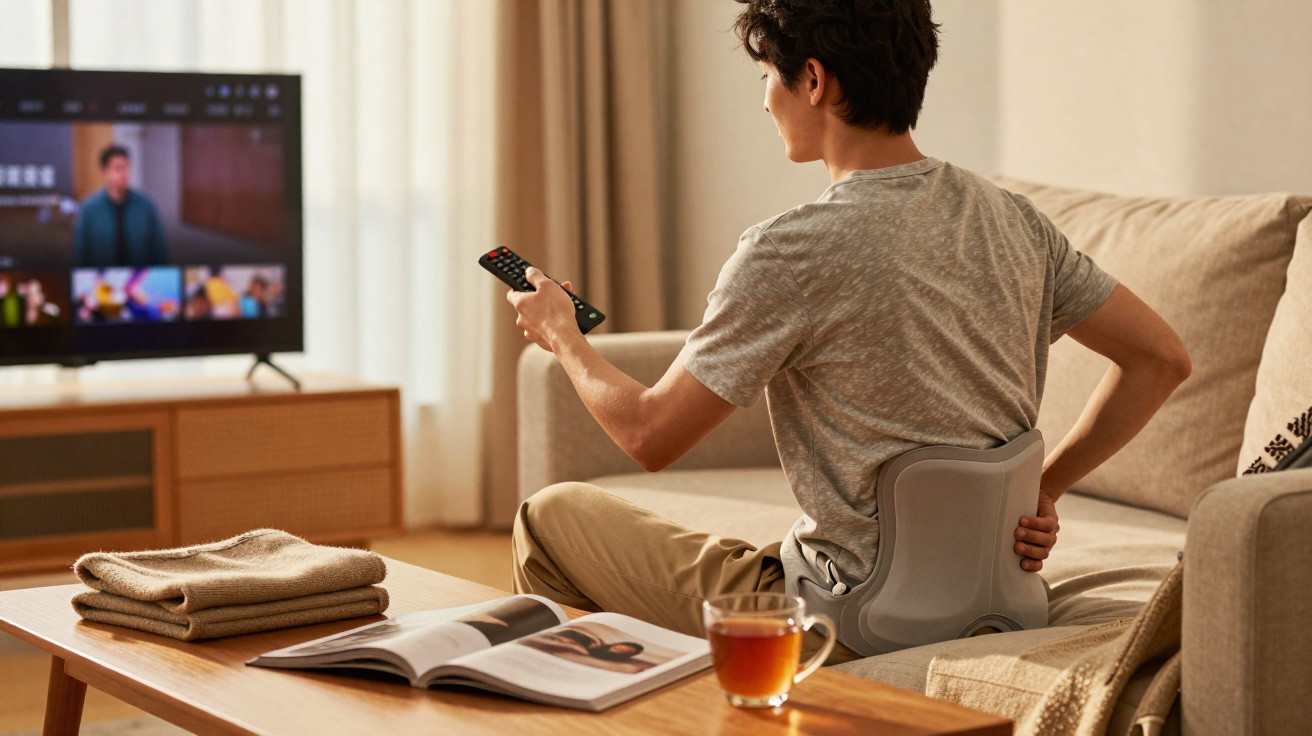 Person sitting on a sofa holding a remote with a back support cushion, TV and a magazine on a wooden table nearby.