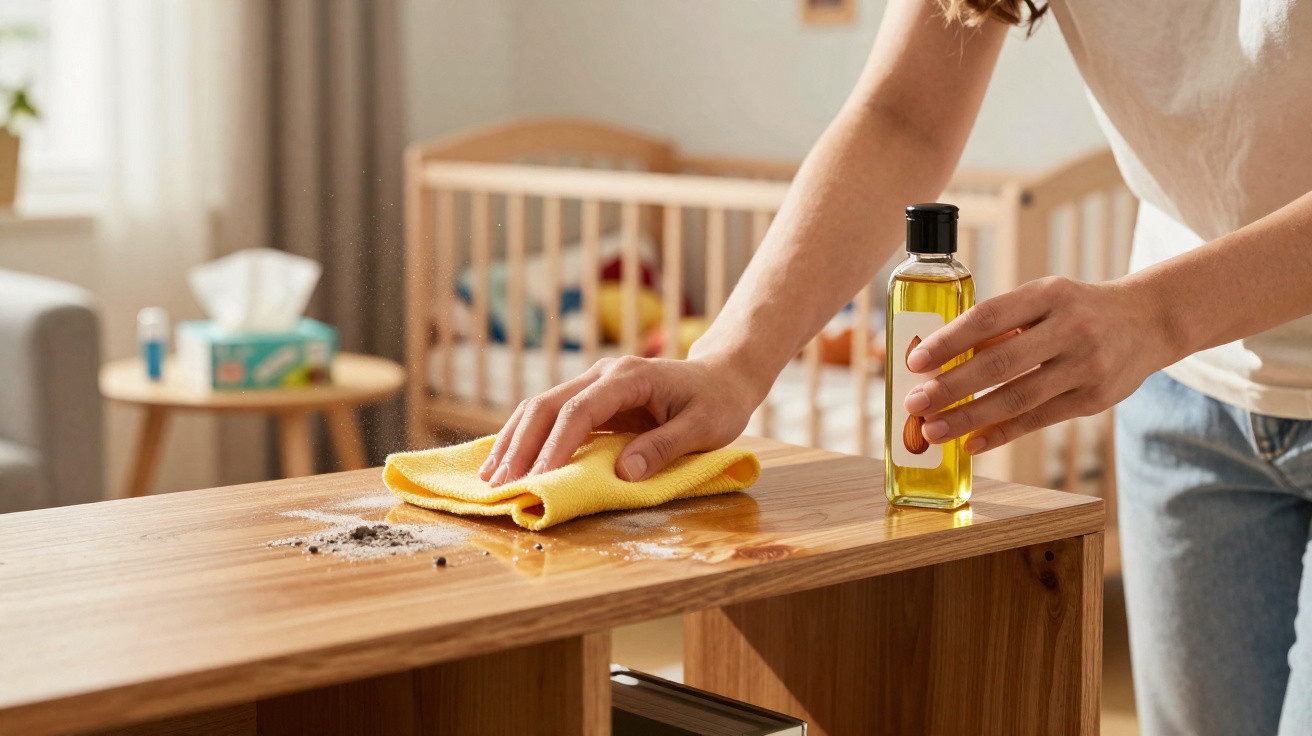 Person cleaning a wooden surface with a yellow cloth and a bottle of oil in a nursery room.