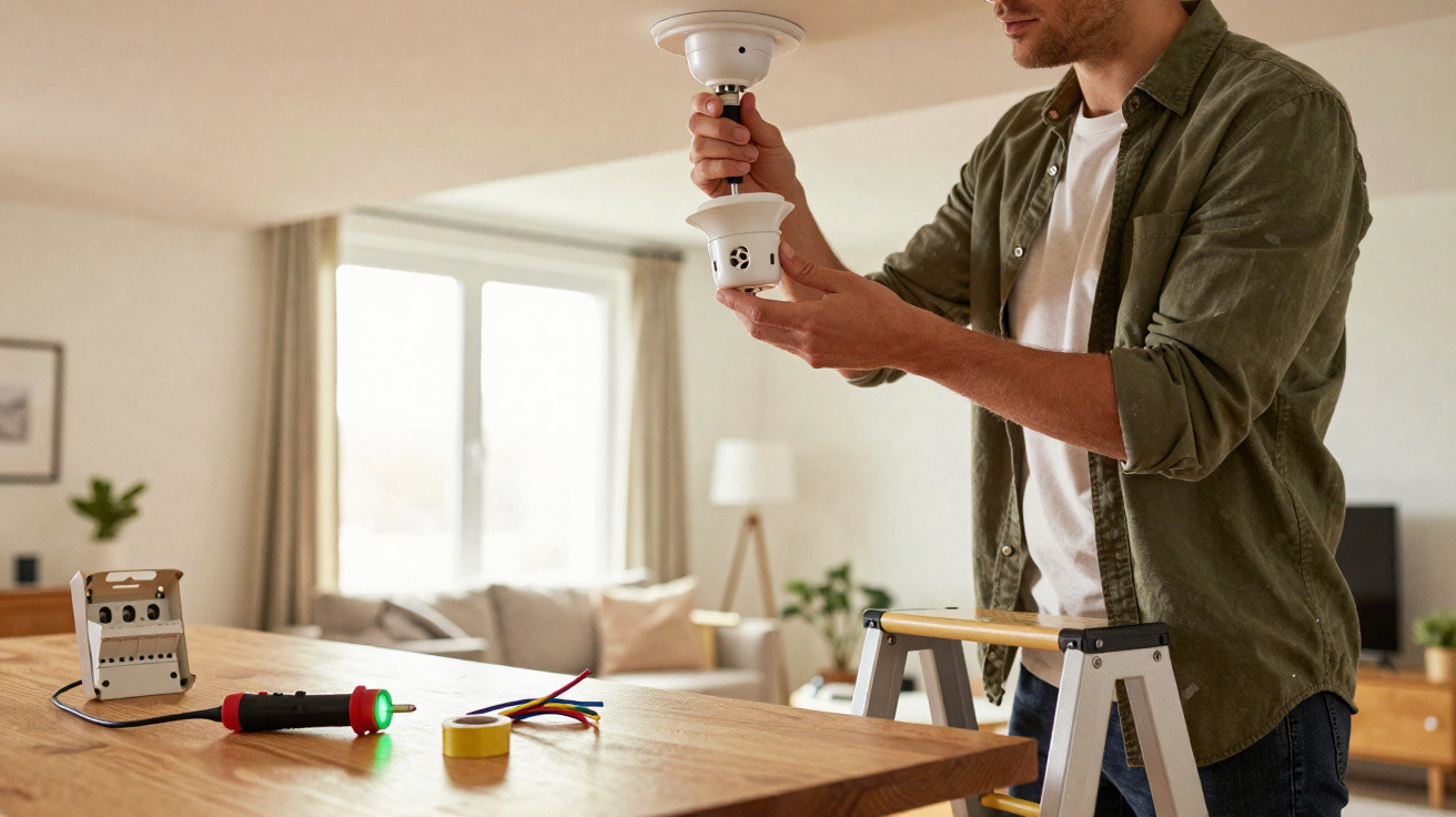 Man installing a smoke detector on a ceiling in a bright living room with tools on a wooden table.