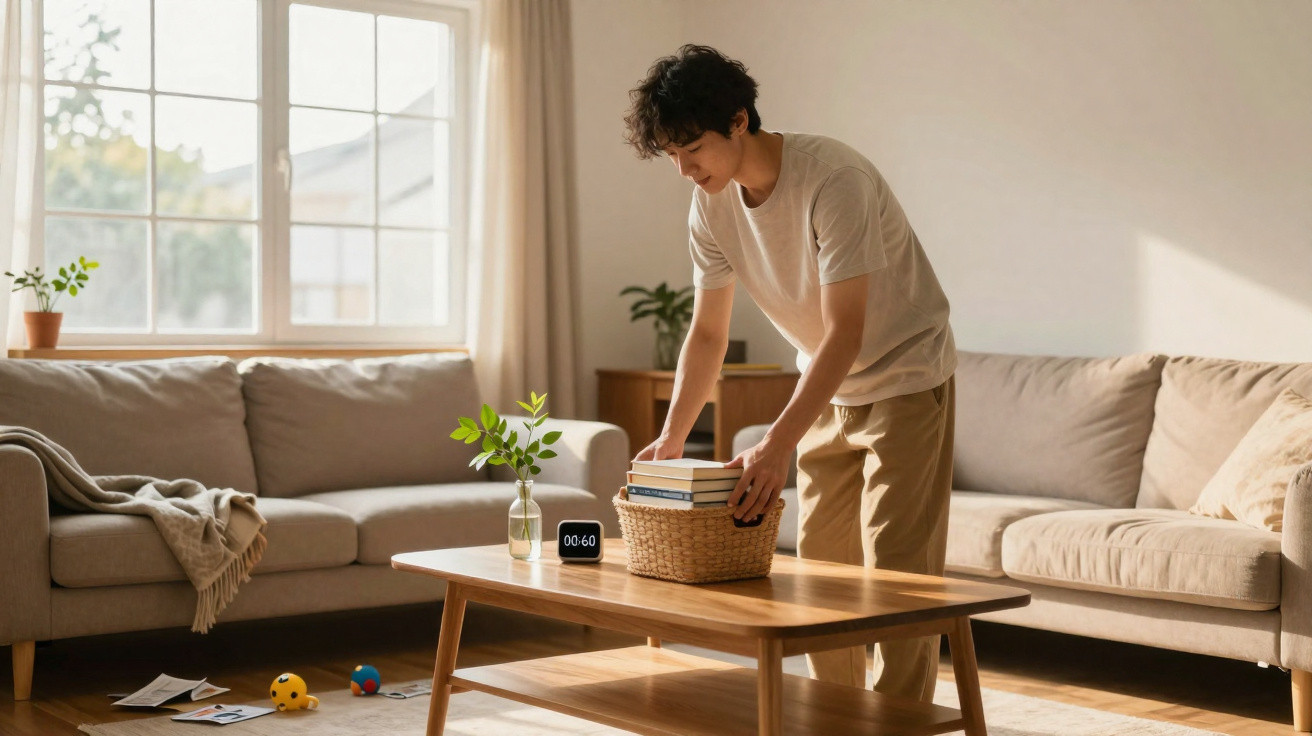 Young man tidying books into a basket on a wooden coffee table in a bright, cosy living room.