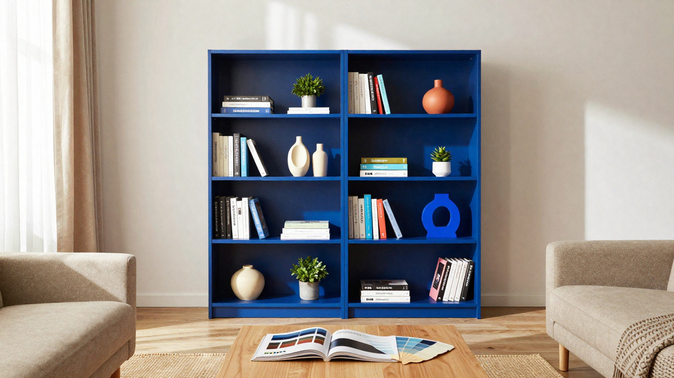 Blue bookshelf with books, plants, and decorative vases in a bright living room between two sofas.