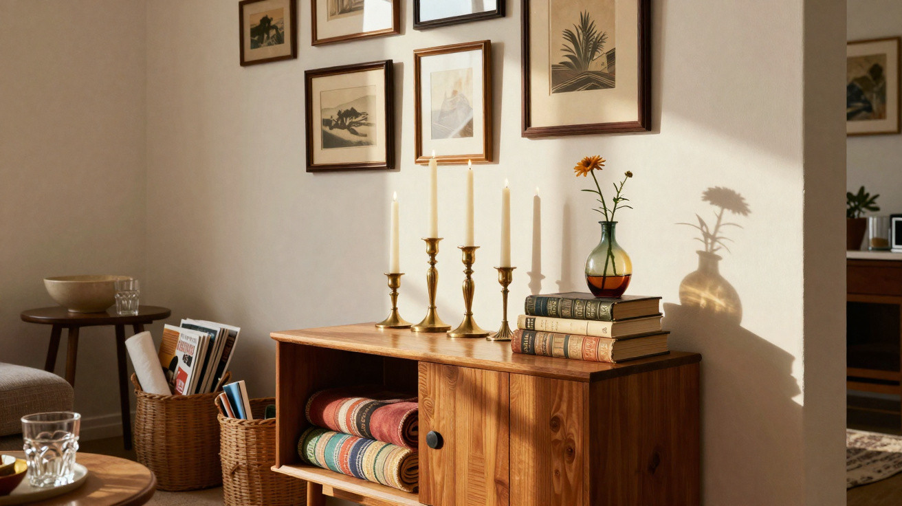Wooden sideboard with candles, stacked books, a green vase with a yellow flower, and framed art on the wall.