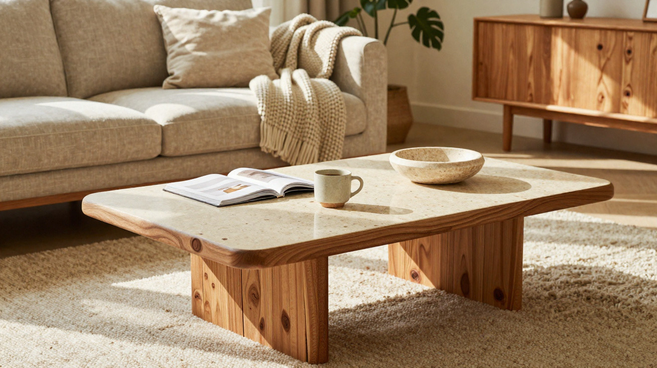 Wooden coffee table with a mug, bowl, and open book in a cosy living room with beige sofa and rug.