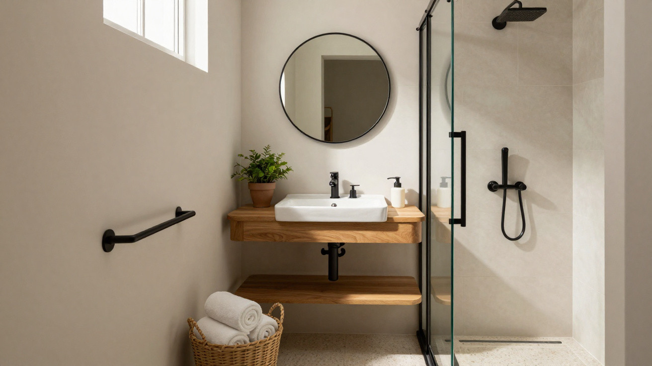 Minimalist bathroom with wooden vanity, round mirror, potted plant, woven basket with towels, and glass shower enclosure.