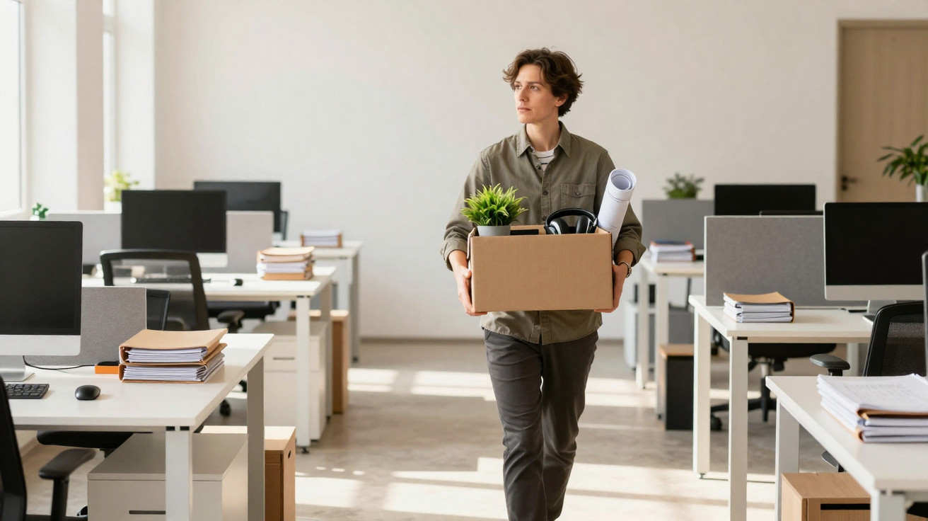 Young man carrying a box of personal items, walking through a modern empty office space.