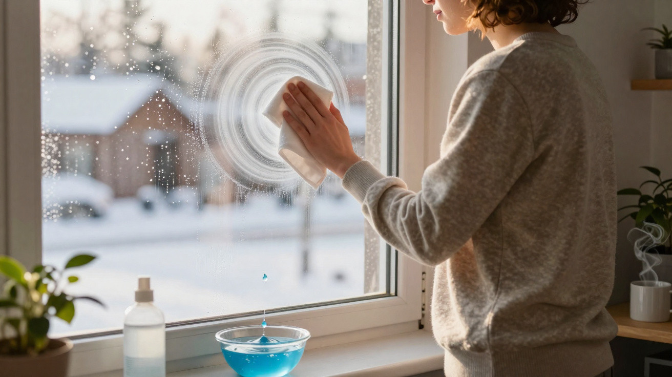 Person cleaning a window pane with a cloth on a cold, snowy day visible outside.