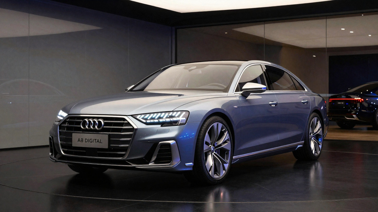 Silver Audi A8 Digital luxury sedan showcased indoors with modern lighting and reflective floor.