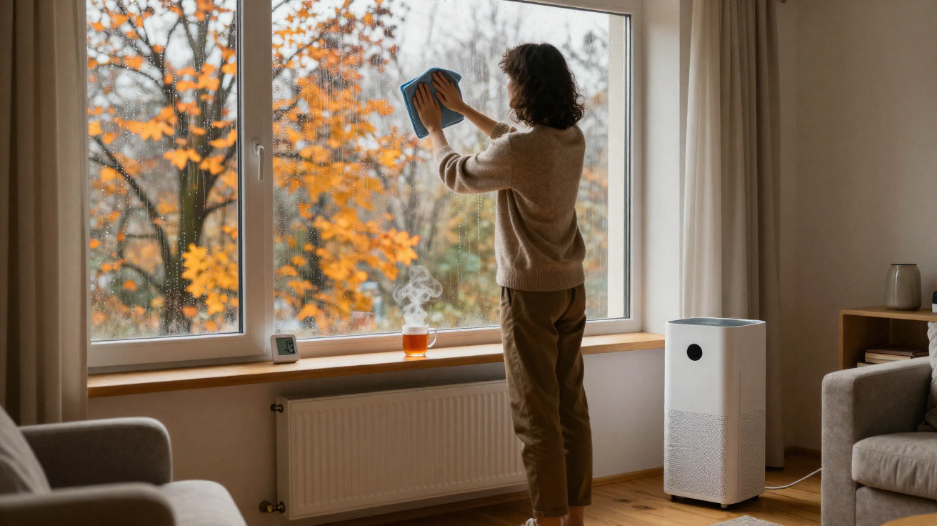 Person cleaning a large window in a cosy living room with autumn trees visible outside.