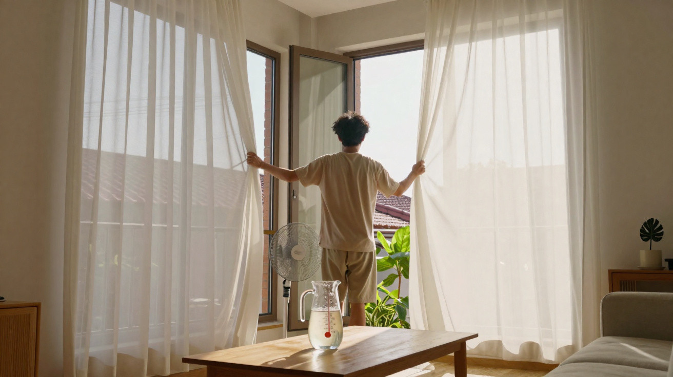 Person opening sheer curtains in bright living room with wooden furniture and glass jug on table.