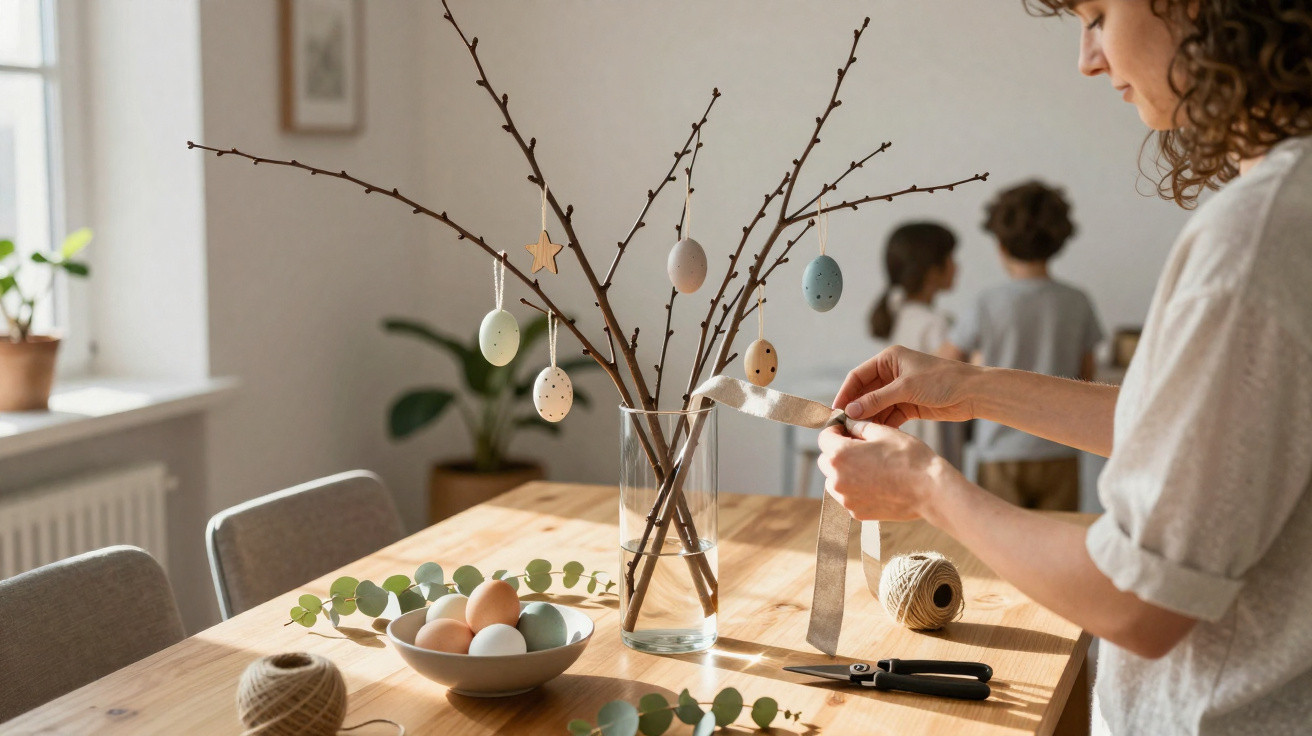 Woman decorating branches with Easter egg ornaments on a wooden table in a bright room.