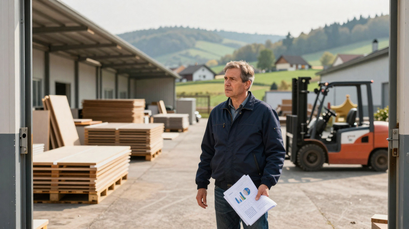 Man holding papers standing in a lumber yard with stacked wood and a forklift in the background.