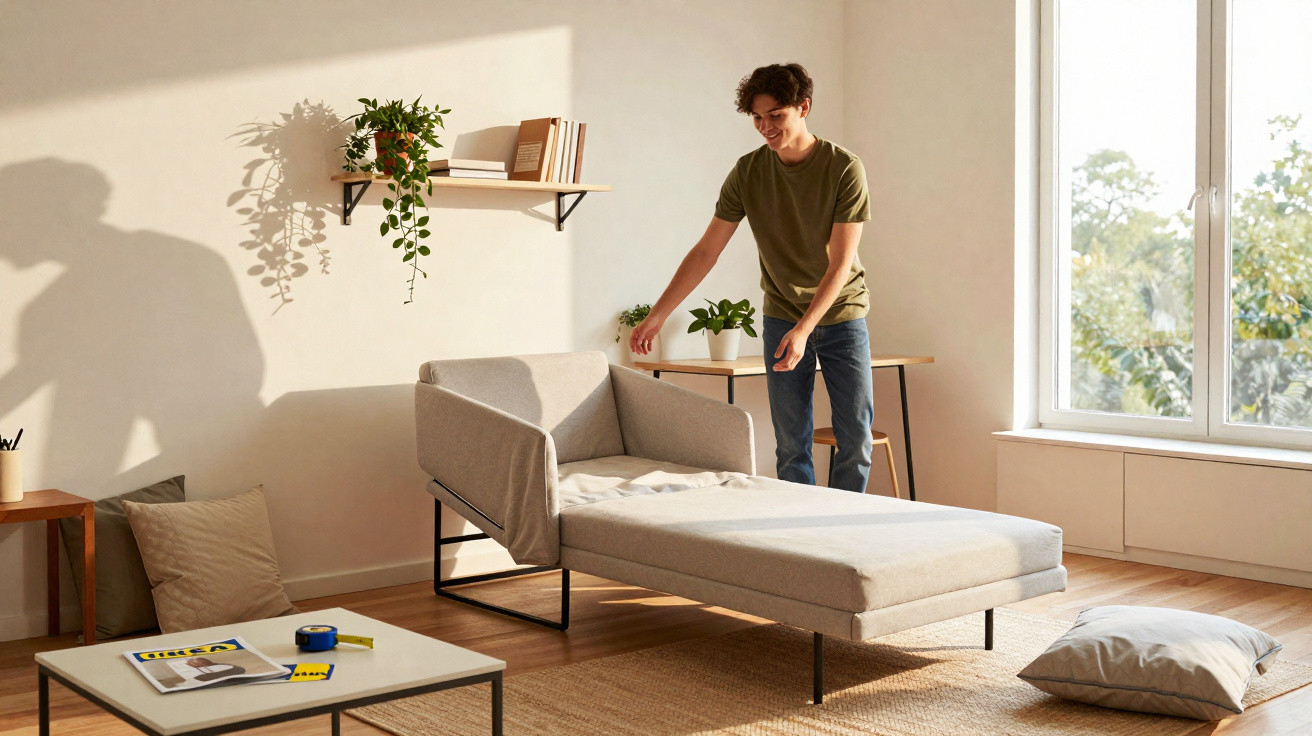 Man unfolding a beige sofa bed in a sunlit, minimally decorated living room with plants and a large window.