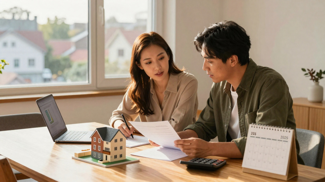 Two people discussing documents at a table with a house model, laptop, calculator, and 2025 calendar.