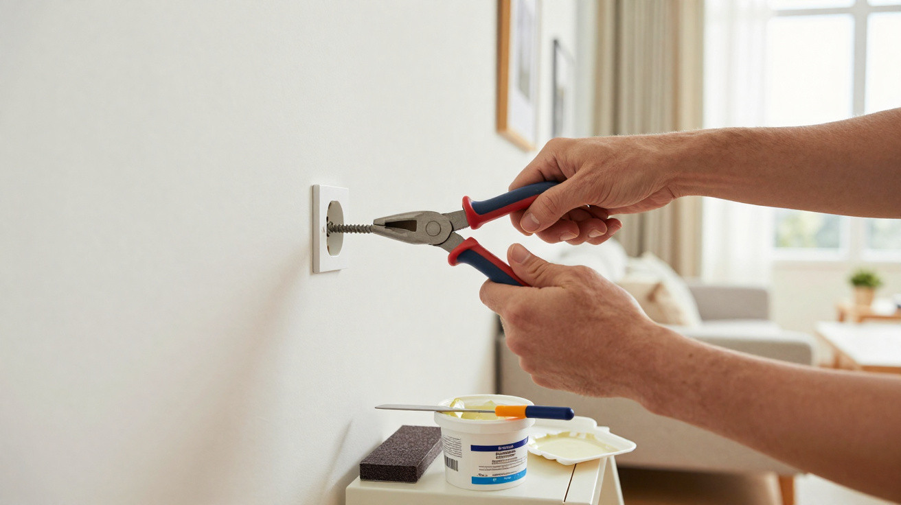 Hands using pliers to remove a screw from a white wall socket in a bright living room.