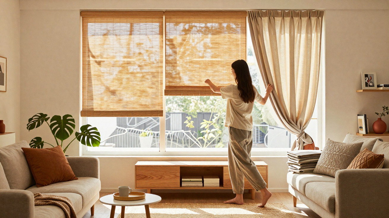 Woman adjusting bamboo blinds in a bright, cosy living room with beige sofas and wooden furniture.