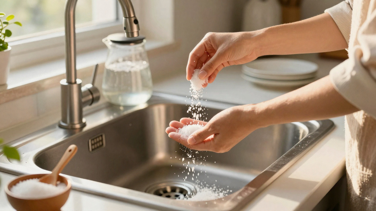 Hands sprinkling coarse salt over a kitchen sink with natural light from a nearby window.