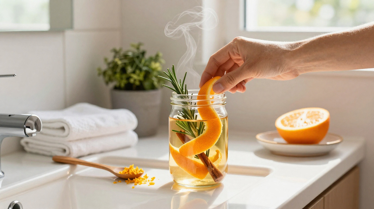 Hand placing orange peel into steaming jar with rosemary and cinnamon on kitchen counter.