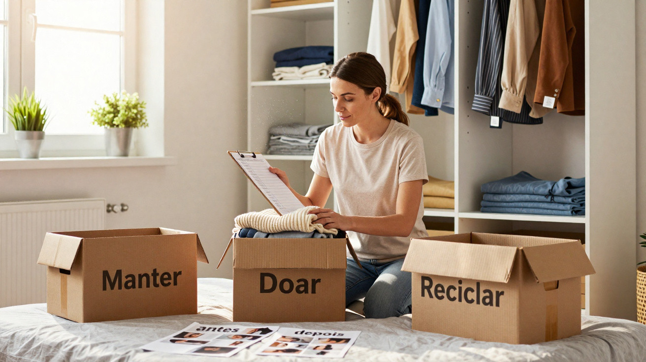 Woman organising clothes into labelled cardboard boxes for keeping, donating, and recycling in a bright room.