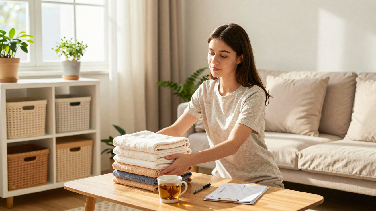 Woman folding and stacking towels on a wooden table with a tea cup and notebook in a bright living room.