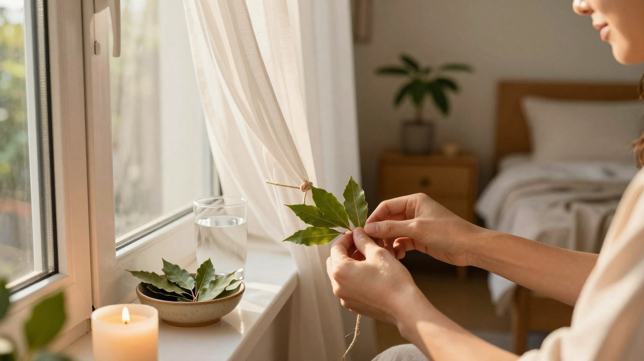 Person tying green leaves with twine by a sunlit window with a candle and glass of water nearby