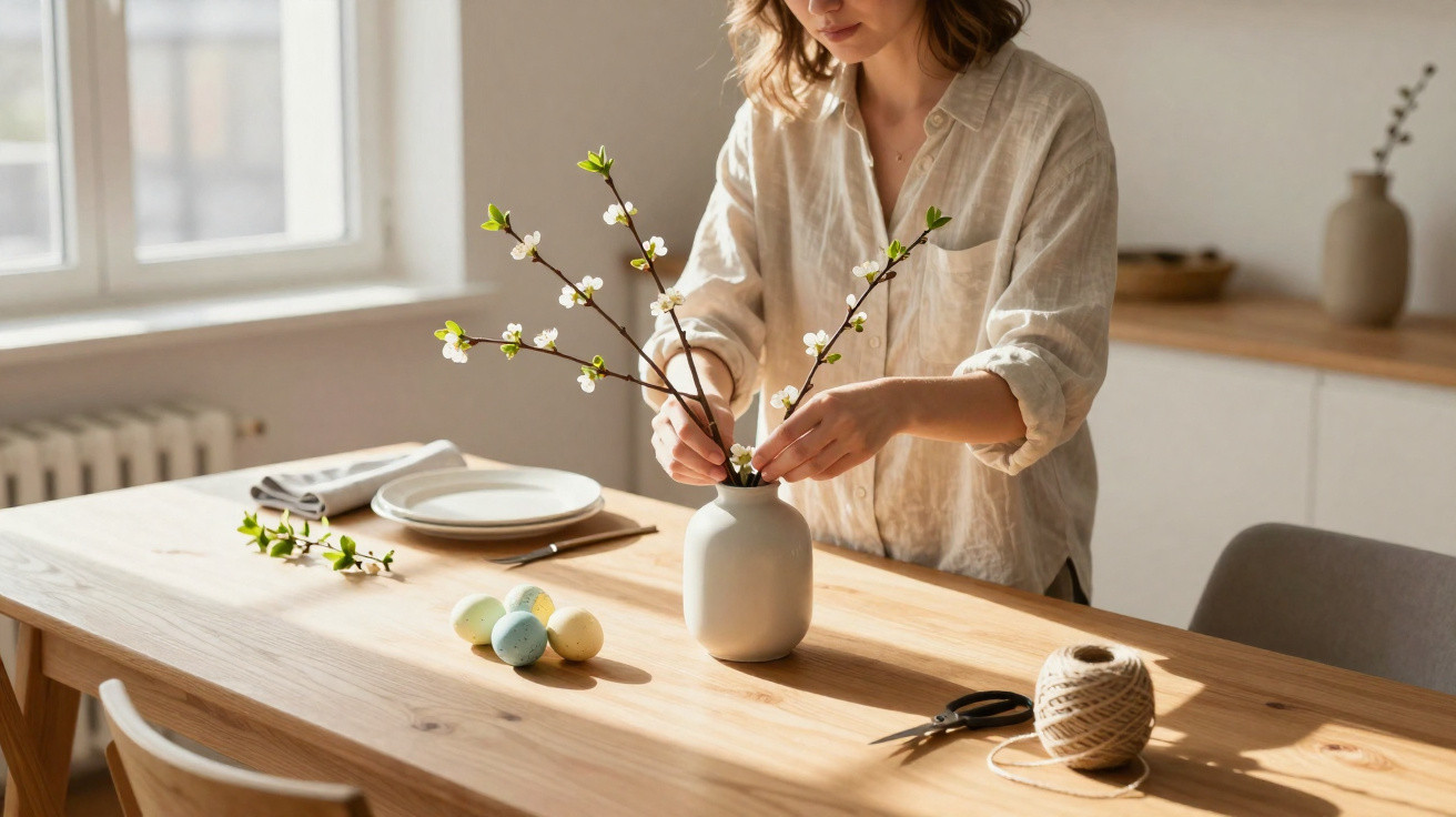 Person arranging blossoming branches in a white vase on a wooden dining table in daylight.