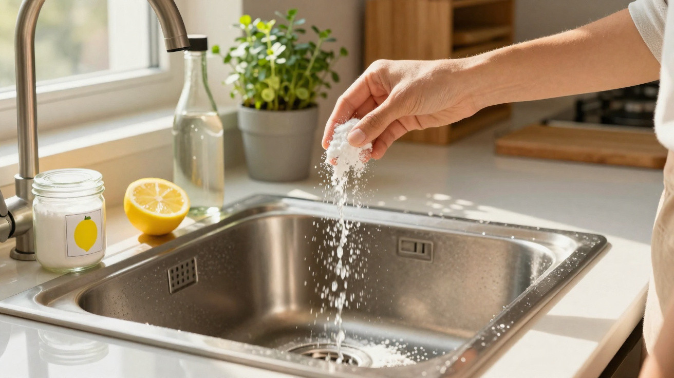 Hand sprinkling white powder into a stainless steel kitchen sink with lemon and plant nearby.