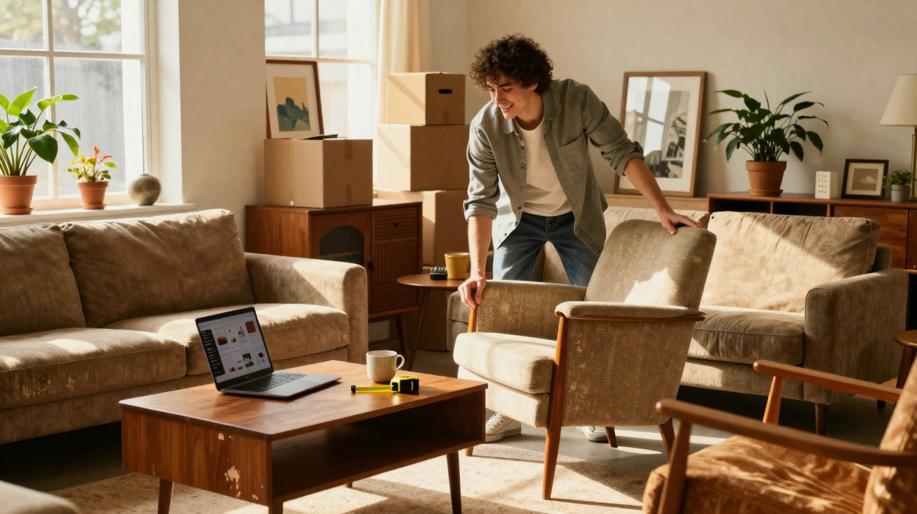 Young man arranging armchair in a sunlit living room with cardboard boxes and laptop on wooden table.