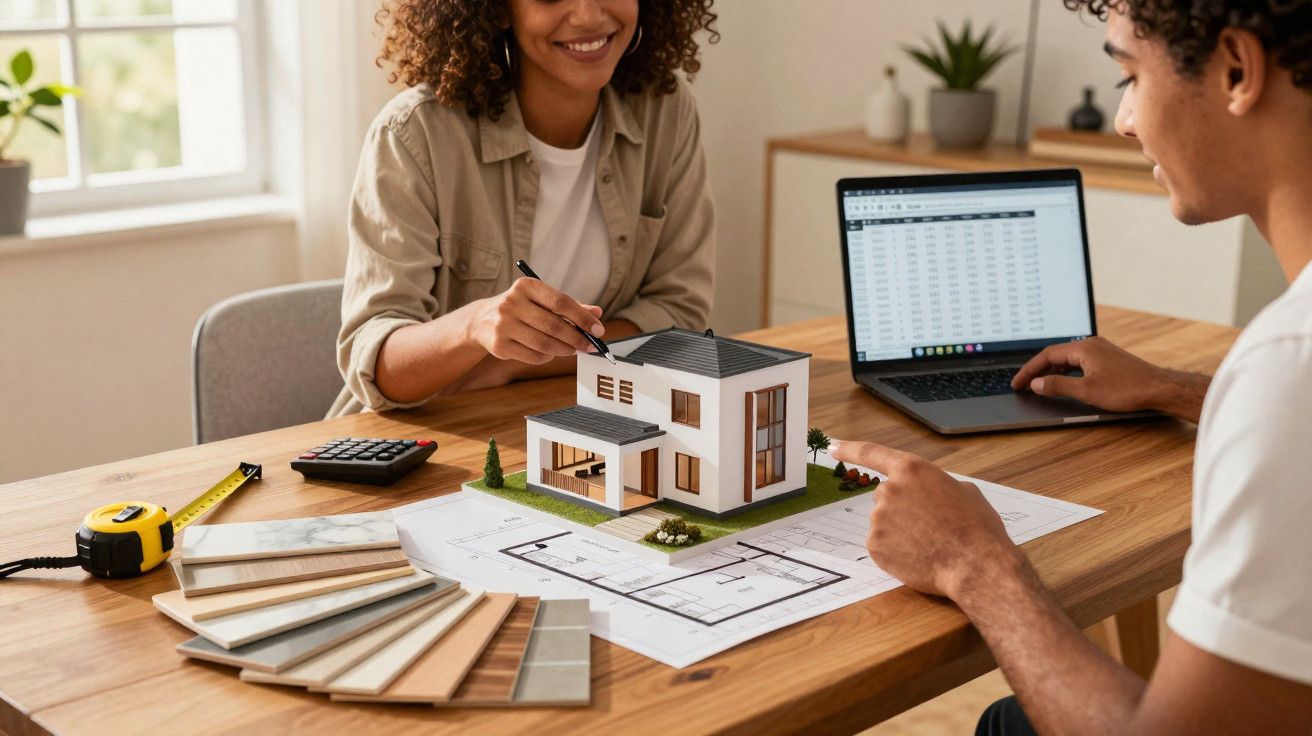 Two people discussing a house model and floor plans with a laptop and colour samples on a wooden table.