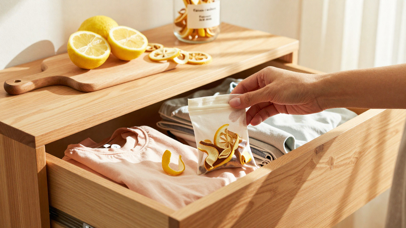 Hand placing a small bag of dried lemon slices into a wooden drawer with folded clothes and fresh lemon on top.