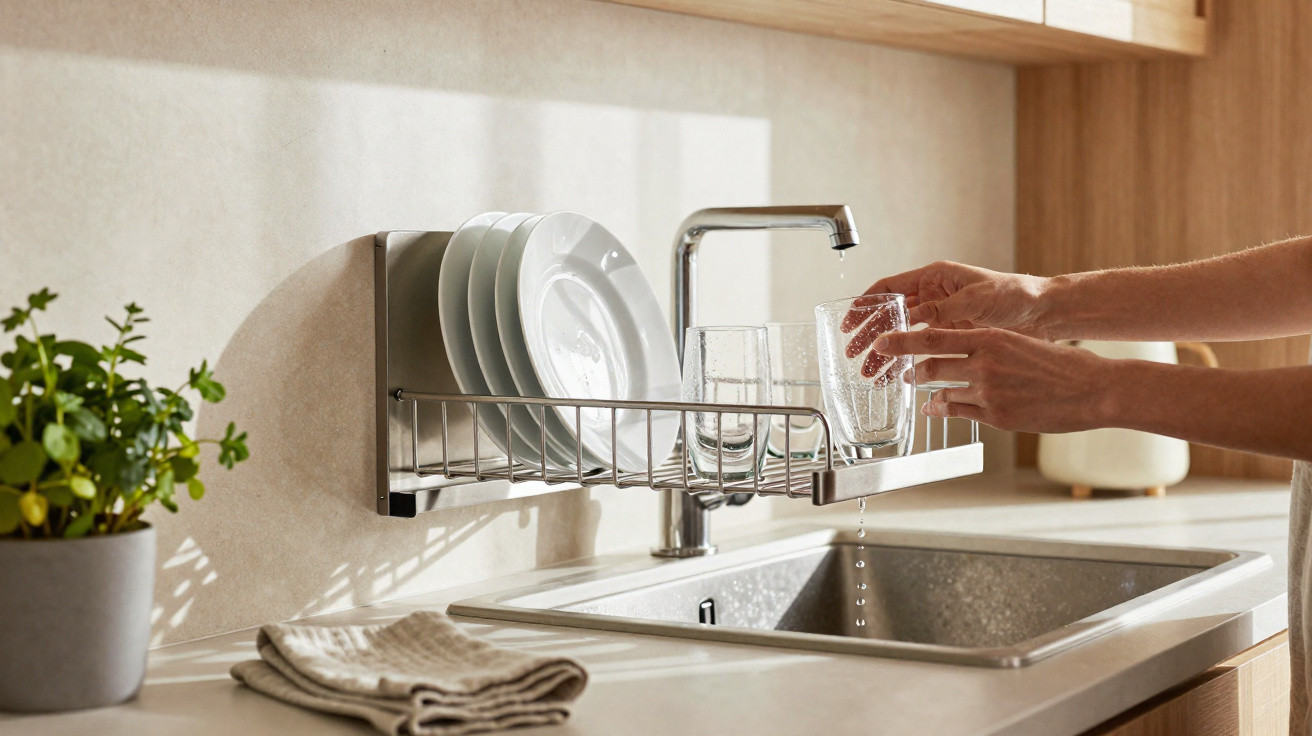Hands placing a glass on a metal dish rack with plates drying above a kitchen sink and a green plant nearby