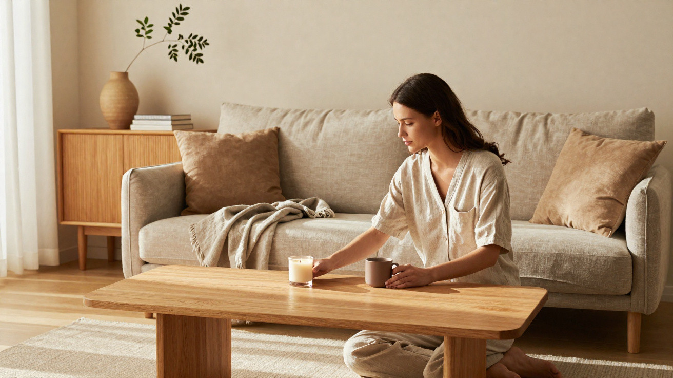 Woman in beige loungewear sitting on the floor beside a wooden coffee table in a modern, neutral-toned living room.