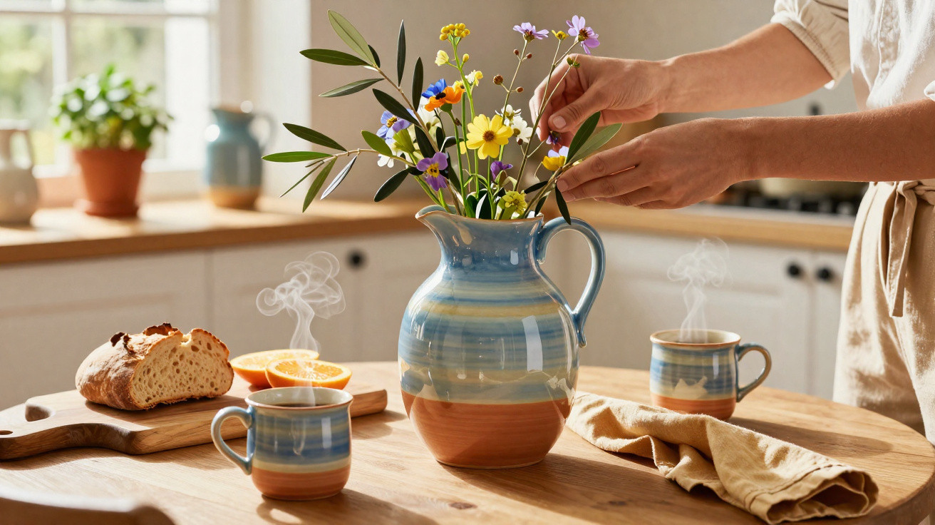 Person arranging colourful wildflowers in a ceramic vase on a kitchen table with steaming tea and bread.