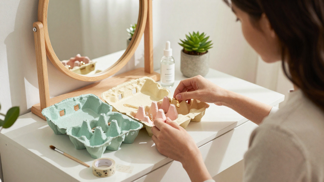 Person organising jewellery in pastel-coloured egg cartons on a white dresser with a wooden mirror and plant