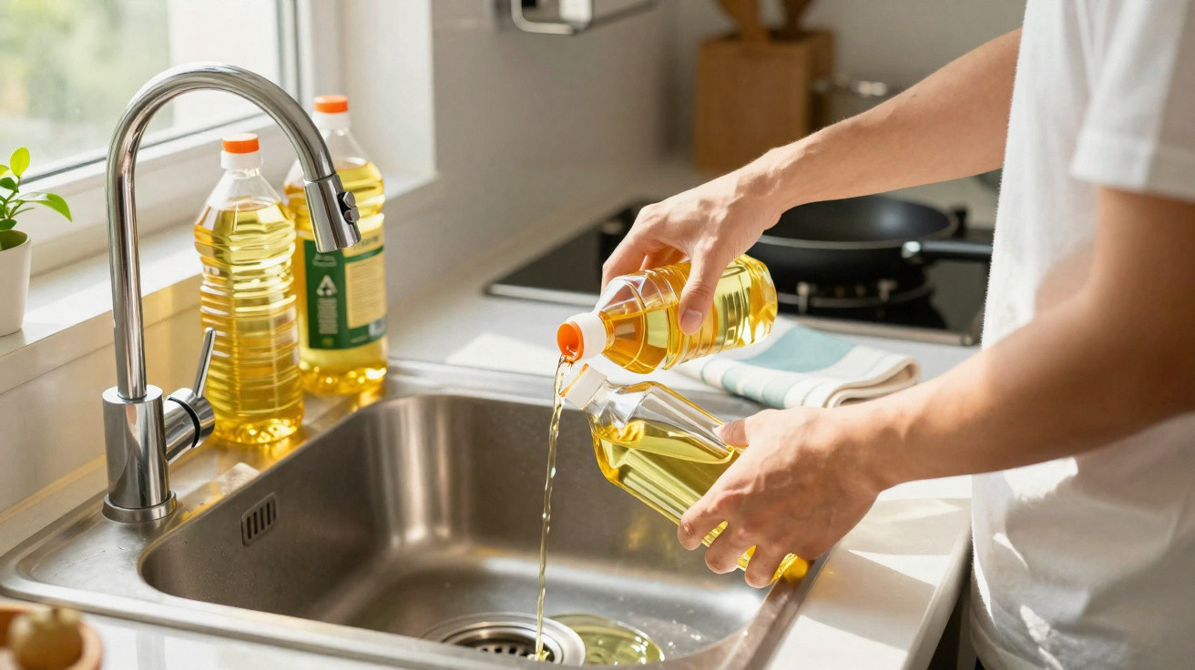 Person pouring cooking oil from a plastic bottle into a glass container over a kitchen sink.