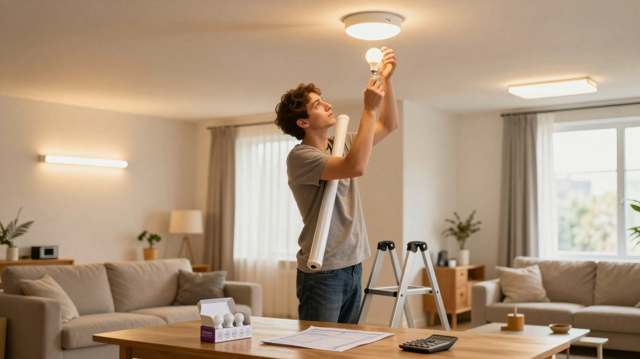 A young man changing a ceiling light bulb standing on the floor in a bright, modern living room.