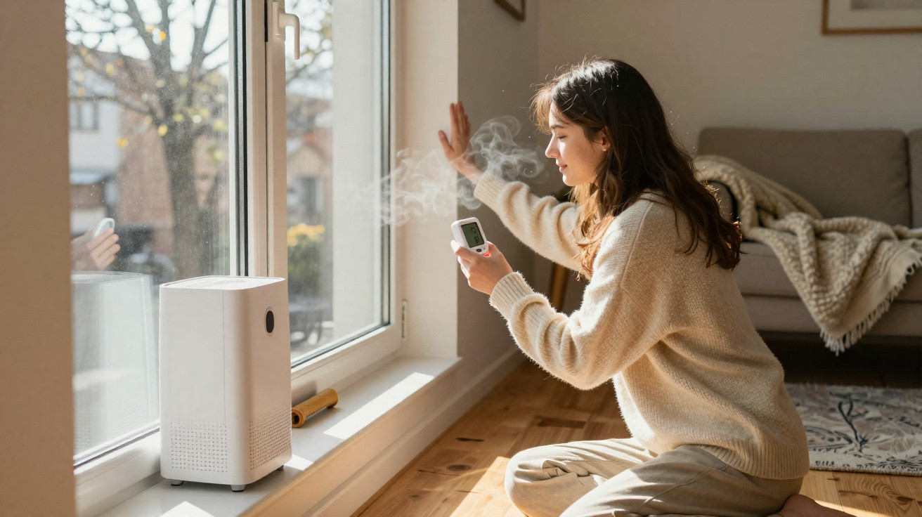 Woman adjusting a white air purifier beside a window in a sunlit living room.