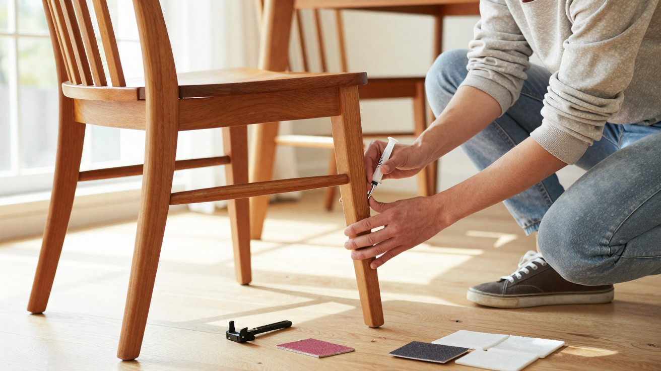 Person marking a wooden chair leg with a pencil, surrounded by colour swatches and tools on a wooden floor.