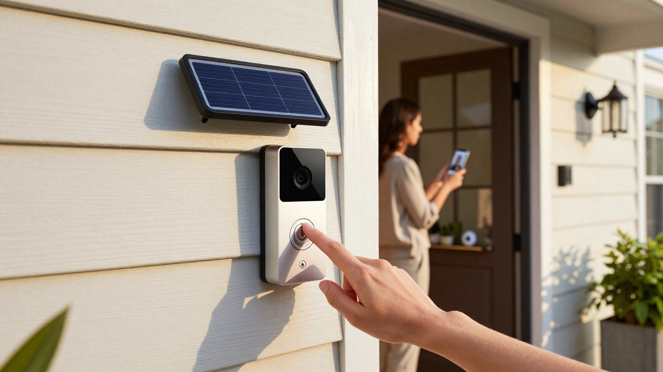 Hand pressing a button on a solar-powered video doorbell on a house exterior with a woman using a smartphone inside.