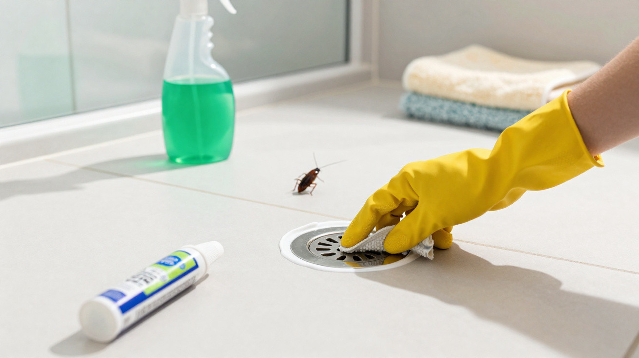 Hand in yellow glove cleaning floor drain near cockroach, with spray bottle and tube on tiled surface.