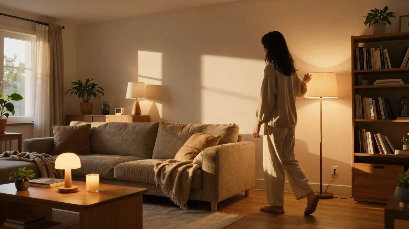 Woman walking in a cosy, softly lit living room with a sofa, lamps, and bookshelf at sunset.